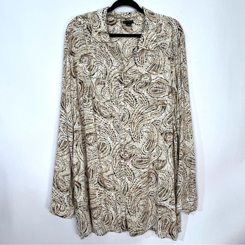 New Directions Paisley Print Button Up Long Sleeve Top Cream Sz XL